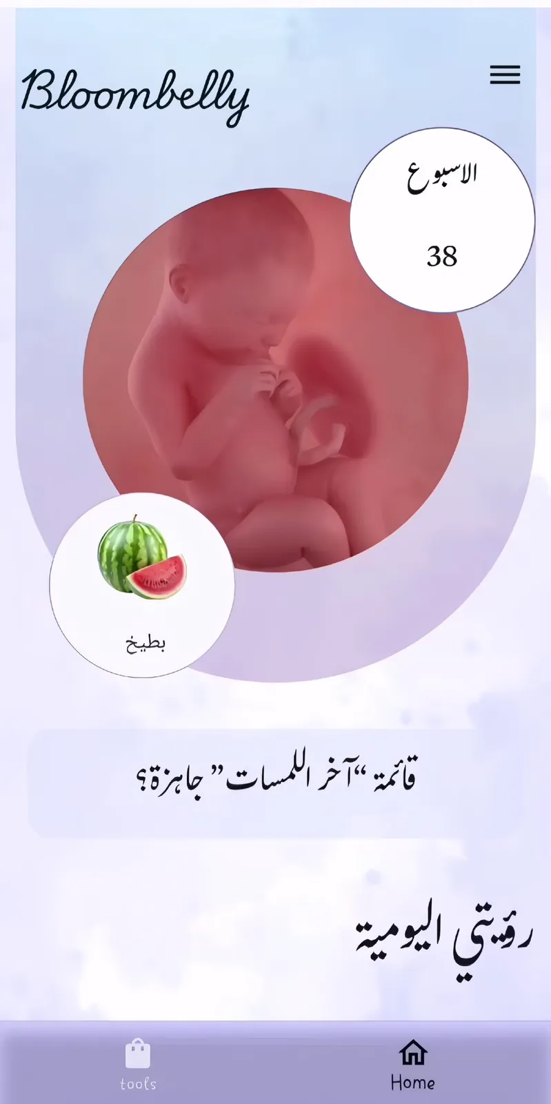 BloomBelly home — week 38 of pregnancy with a fruit size comparison and bottom navigation