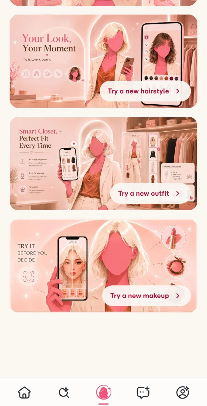 The three AI try-on modules: hairstyle, Smart Closet outfits, and makeup