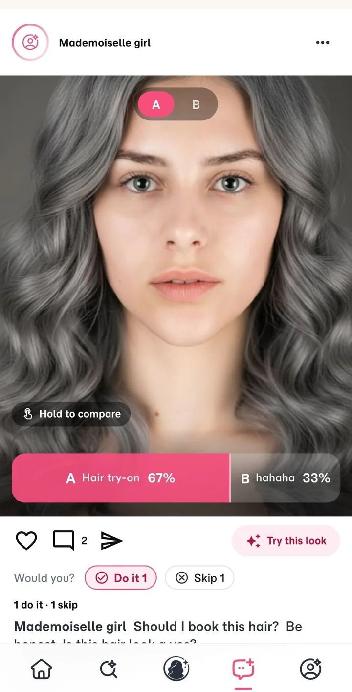 A community post: an A/B hair try-on with live voting and a 'Try this look' action