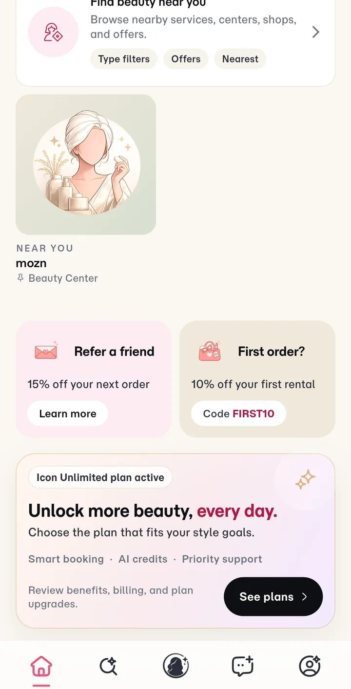 Nearby beauty centers, referral rewards, and subscription plans